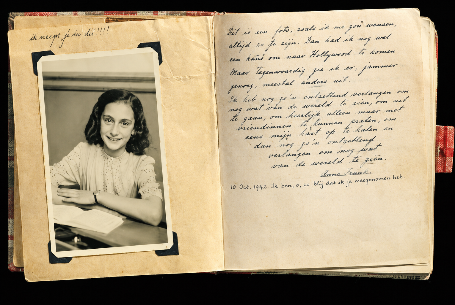 Anne Frank naplójának első oldala. A naplót 13. születésnapjára, 1942. június 12-én kapta ajándékba. | Fotó: Anne Frank house Facebook oldala