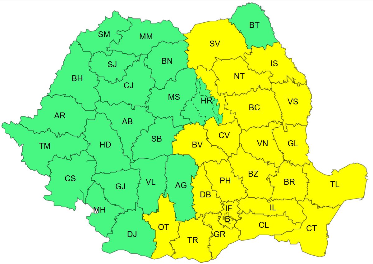 Vasárnap estétől hétfő délelőttig főként a sárgával jelölt részeken várható viharos idő, záporok, villámlás, jégeső. | Kép forrása: meteoromania.ro.