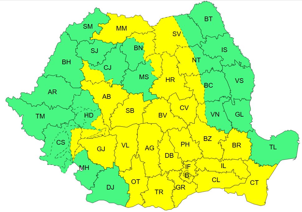 A sárgával jelzett részeken lehet főként viharos idő. | Kép forrása: meteoromania.ro