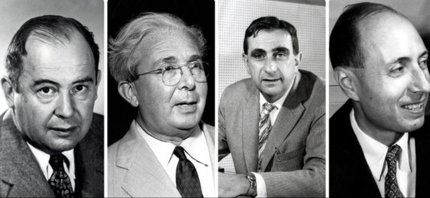 Magyar tudósok, akiket marslakóknak neveztek : (b-j) Neumann János, Szilárd Leó, Teller Ede, Wigner Jenő l Fotó: Wikipédia