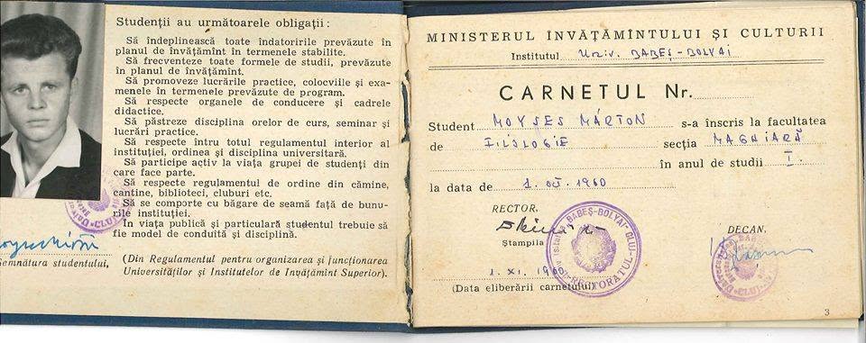 Moyses Márton egyetemi indexe. | Forrás: A mi Erdélyünk Facebook-oldal