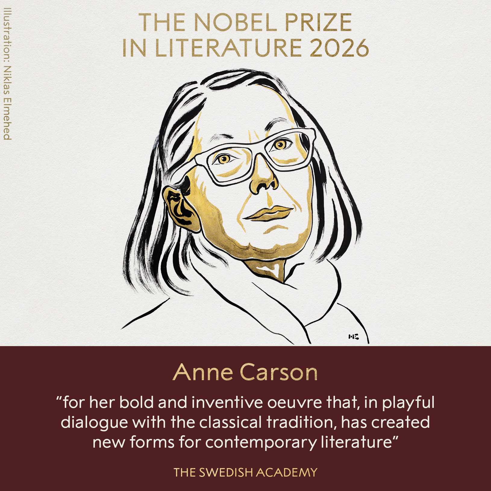 Anne Carson az idei kitüntetett | Fotó: a Nobel-díj X-oldala
