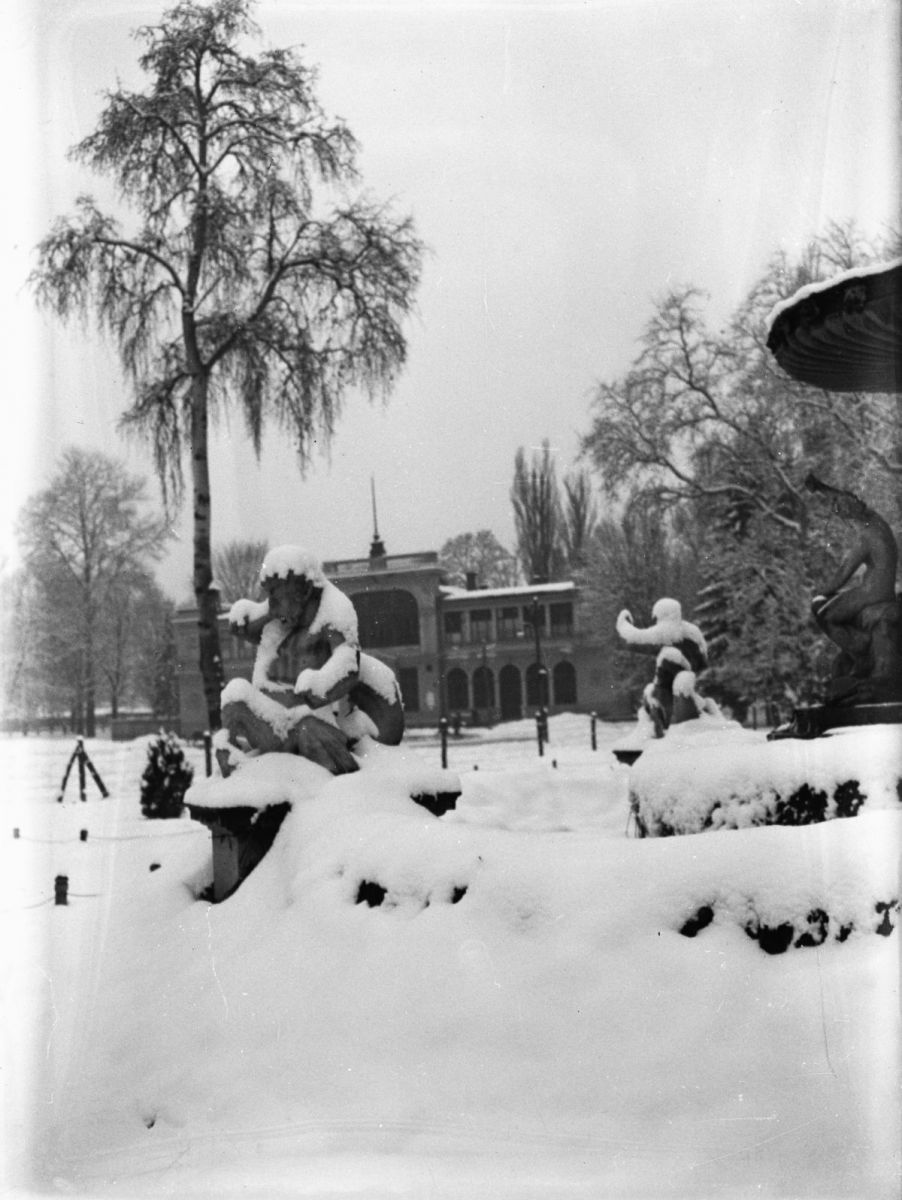 Forrás: Erdélyi Audiovizuális Archívum/Orbán család. A sétatéri szökőkút részlete 1930 körül. „Friss havazás után a parkokba, a közeli hegyekbe nemcsak nappal, alkonyat után is ellátogathatunk. A lámpák fényében csillogó, behavazott bokrok, fák, hólepte padok hangulatos, igazi téli témákat kínálnak.” (Járai Rudolf, Népszava 1974. január 6).