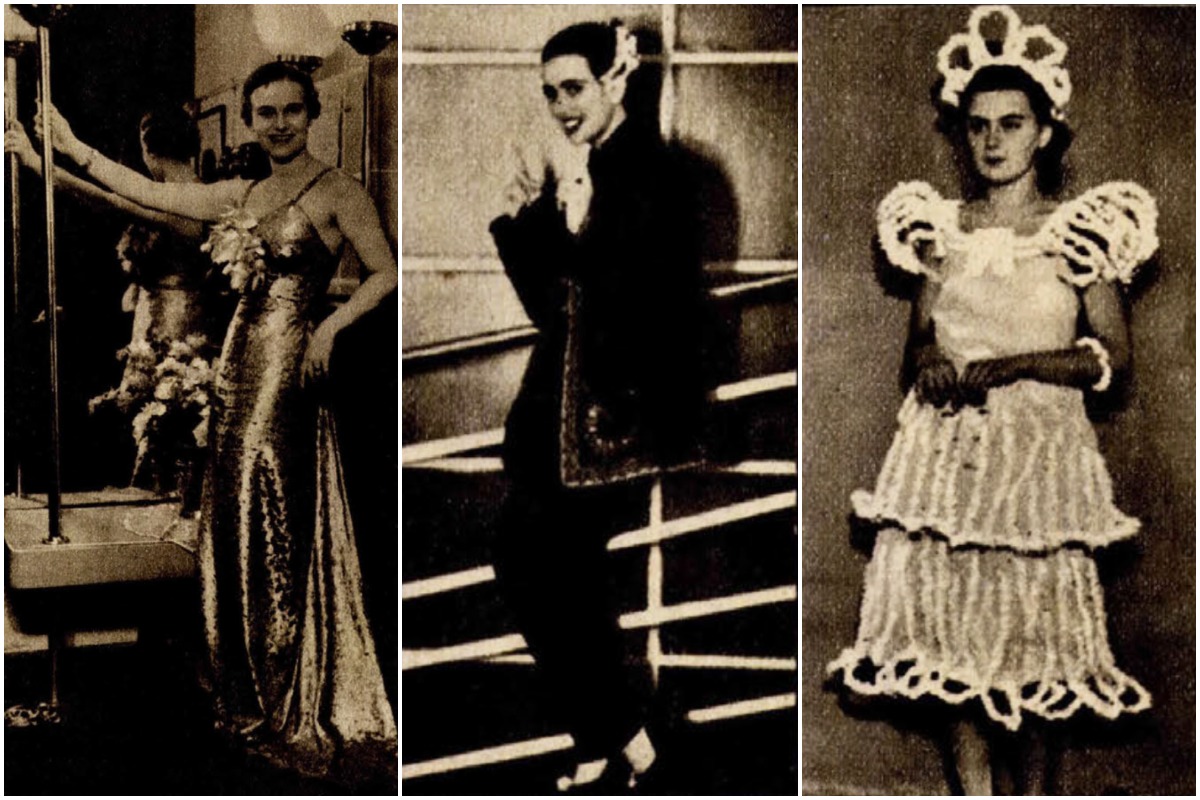 A fényűző elegancia másik alternatívája a jelmezbál volt, ahol inkább a kreativitás számított. A középen látható hölgy például kínai lánynak öltözött, jobbra pedig egy ifjú bálozó pattogatott kukoricából készült jelmezt visel, amelyet Hintz Györgyné tervezett az 1937-es idényben.
