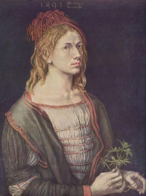 Önarckép iringóval - Albrecht Dürer ezt valószínűleg menyasszonyának festette, az iringó ugyanis a házastársi hűség jelképe volt.  1493