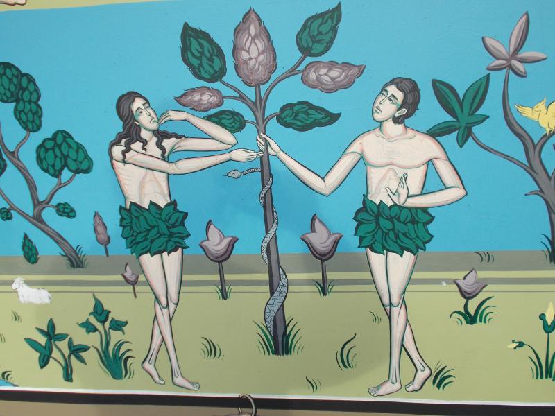 Ádám és Sanyi a Paradicsomban. Vagy lehet, hogy Éva az, csak épp nem túl feminin. Kortárs ortodox freskó Nagyváradról.