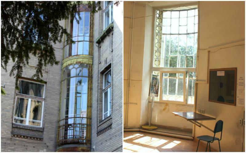Innovatív építészeti megoldás: díszes bevilágító ablak kívülről és beülről (oda nem illő nyílászáróval kiegészítve)