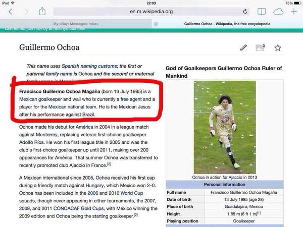 Átírták a Wikipédia-szócikket: mától Ochoa kapus és fal is