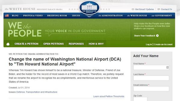 Petíciót indítottak azért, hogy a washingtoni repülőtér felvegye Tim Howard nevét